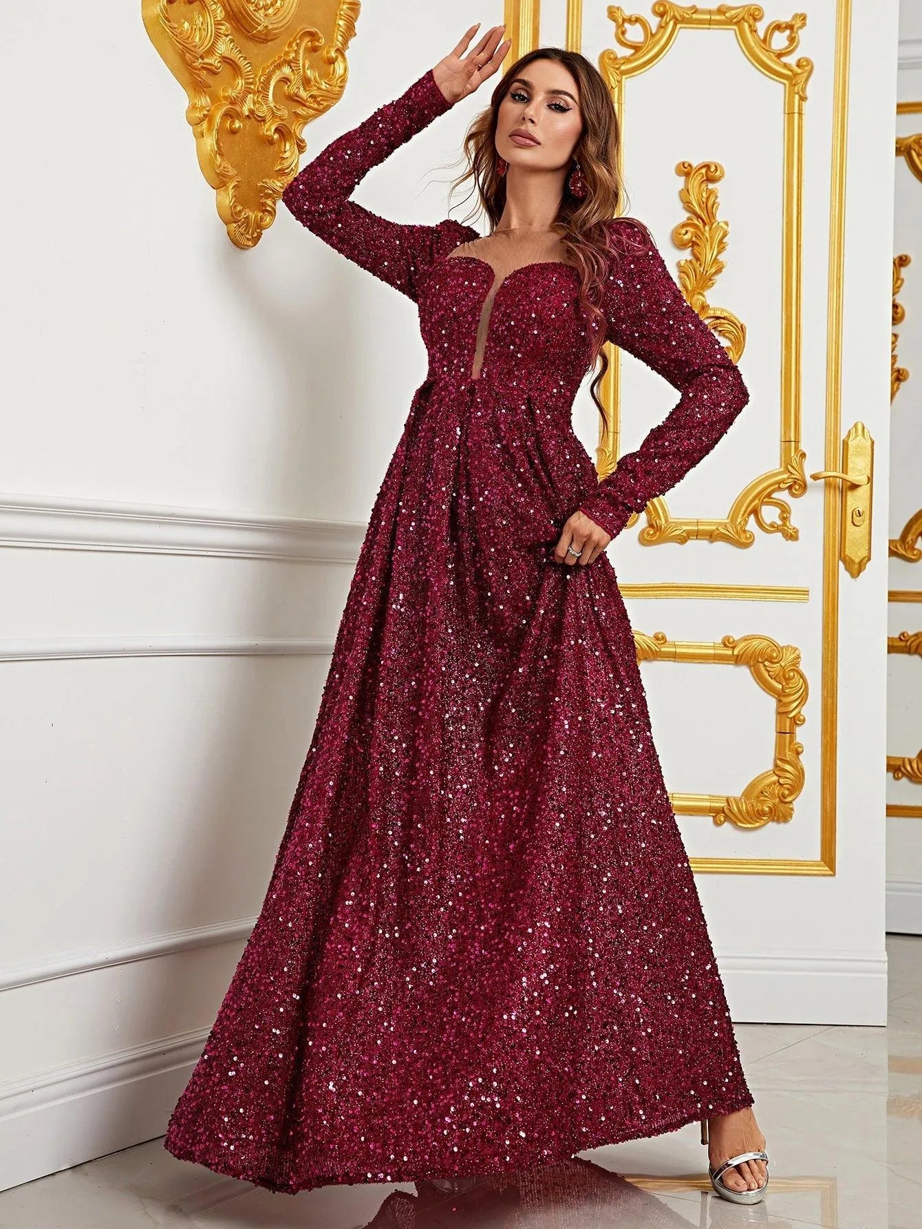 Sweetheart Neck Long Sleeves Sequin Formal Dress - Elonnashop