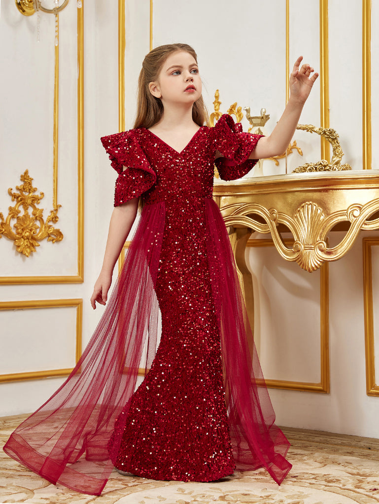 flounce sleeve frill trim star sequin mesh dress Tween Girls' V Neck Ruffle Sleeves Overlay Party – Elonnashop Size-US:30 90s Slip Dress The building volume and movement stiletto
