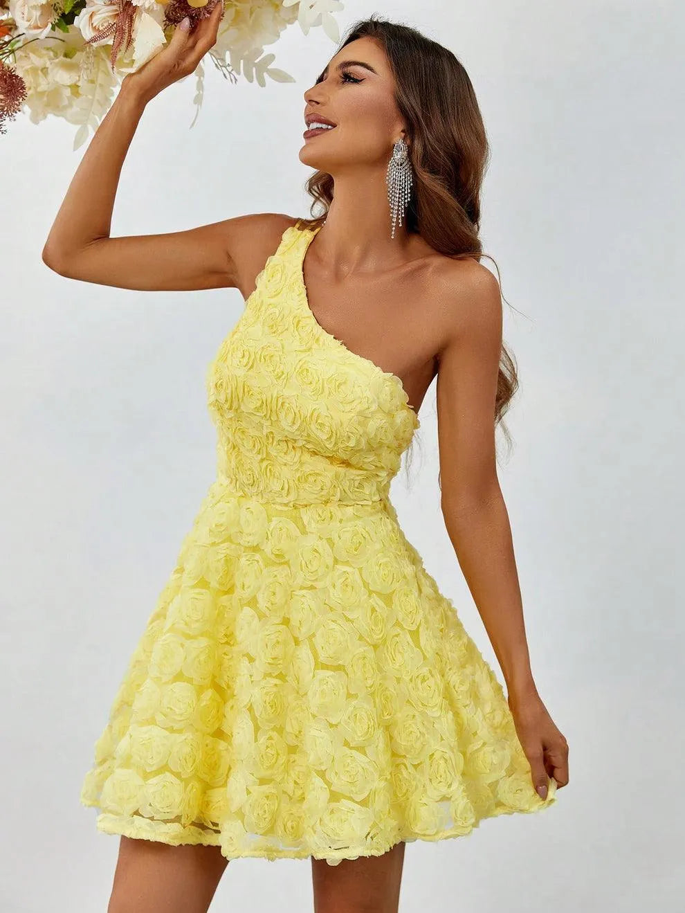 Elegant One Shoulder Sleeveless 3D Flower Party Dress - Elonnashop