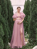 Maternity V Neck Layered Ruffle Sleeves Split Prom Dress - Elonnashop