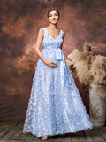 Maternity Plunging Neck Sleeveless Applique Detail Tulle Overlay Party Dress