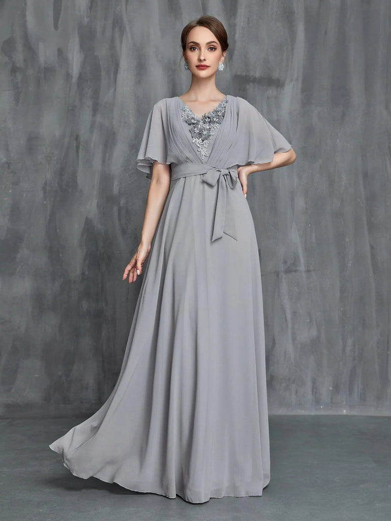 Womens' Applique Detail Butterfly Sleeves Chiffon Belted Dress – Elonnashop
