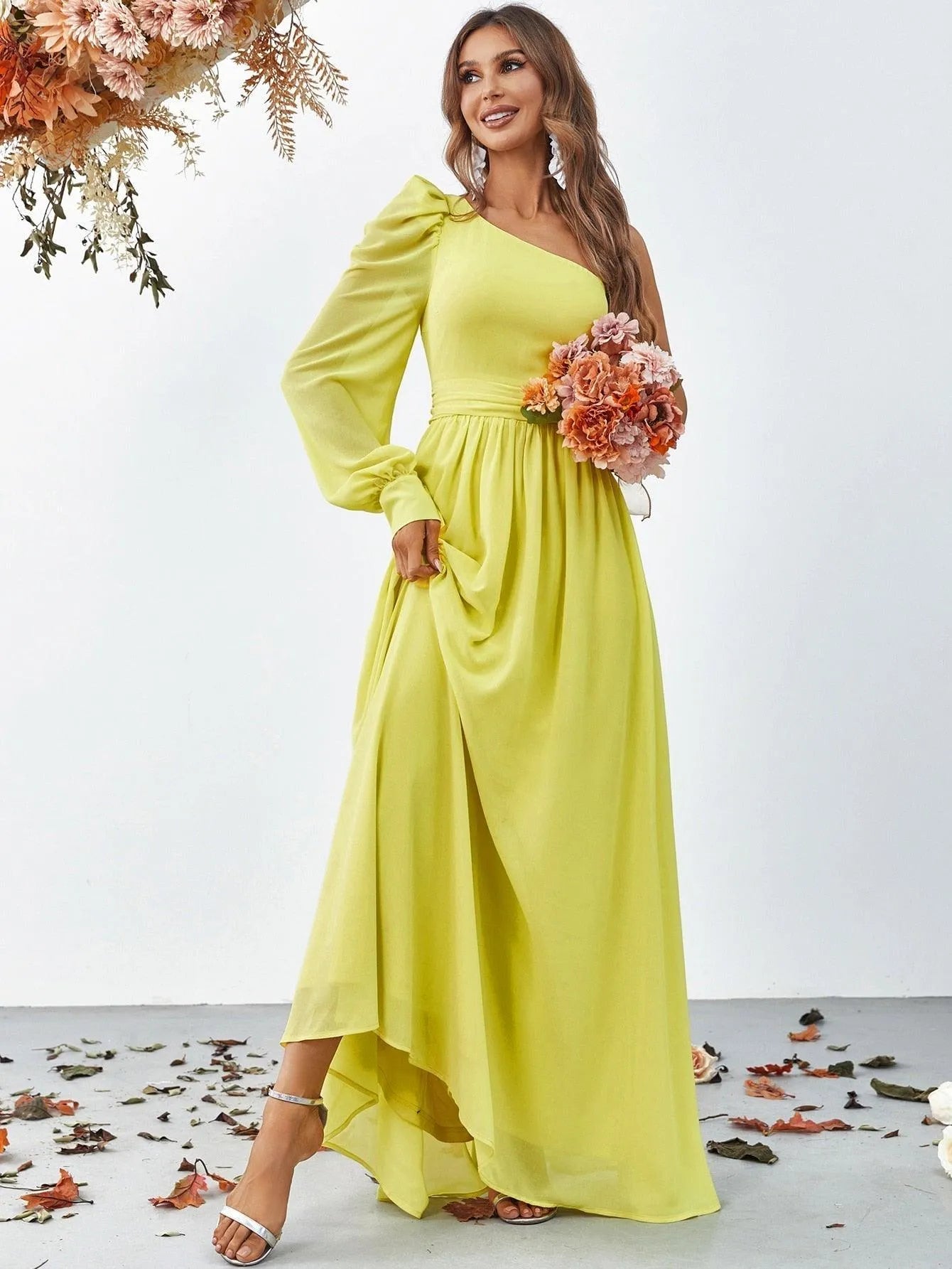 One Shoulder Lantern Sleeve Chiffon Dress - Elonnashop