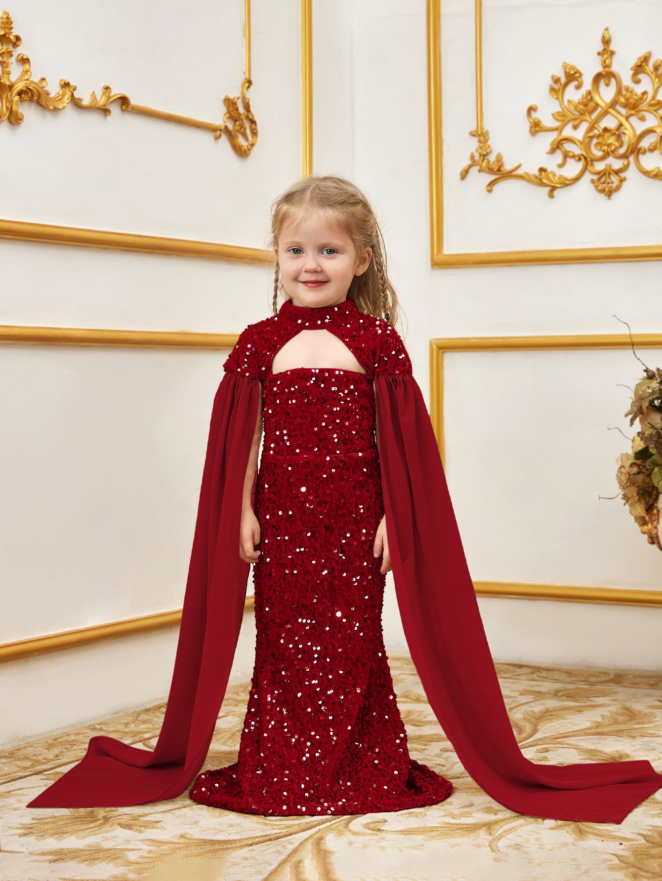 Young Girls' Mock Neck Cape Sleeves Sequin Party Dress