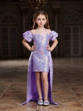 Tween Girls' Off Shoulder Puff Sleeves Satin Overlay Sequin Party Dress - Elonnashop