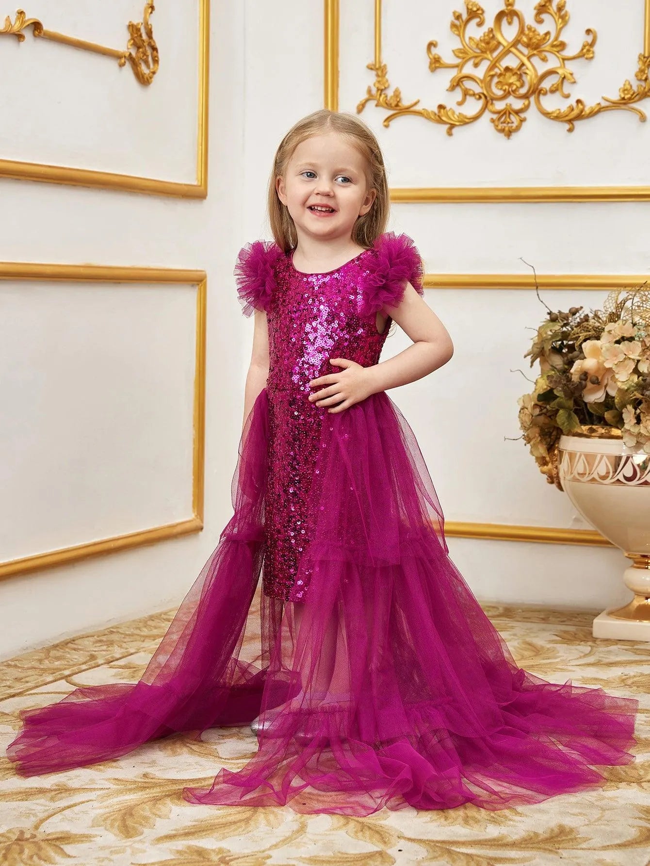 Young Girls' Sleeveless Mesh Layered Hem Sequin Party Dress - Elonnashop