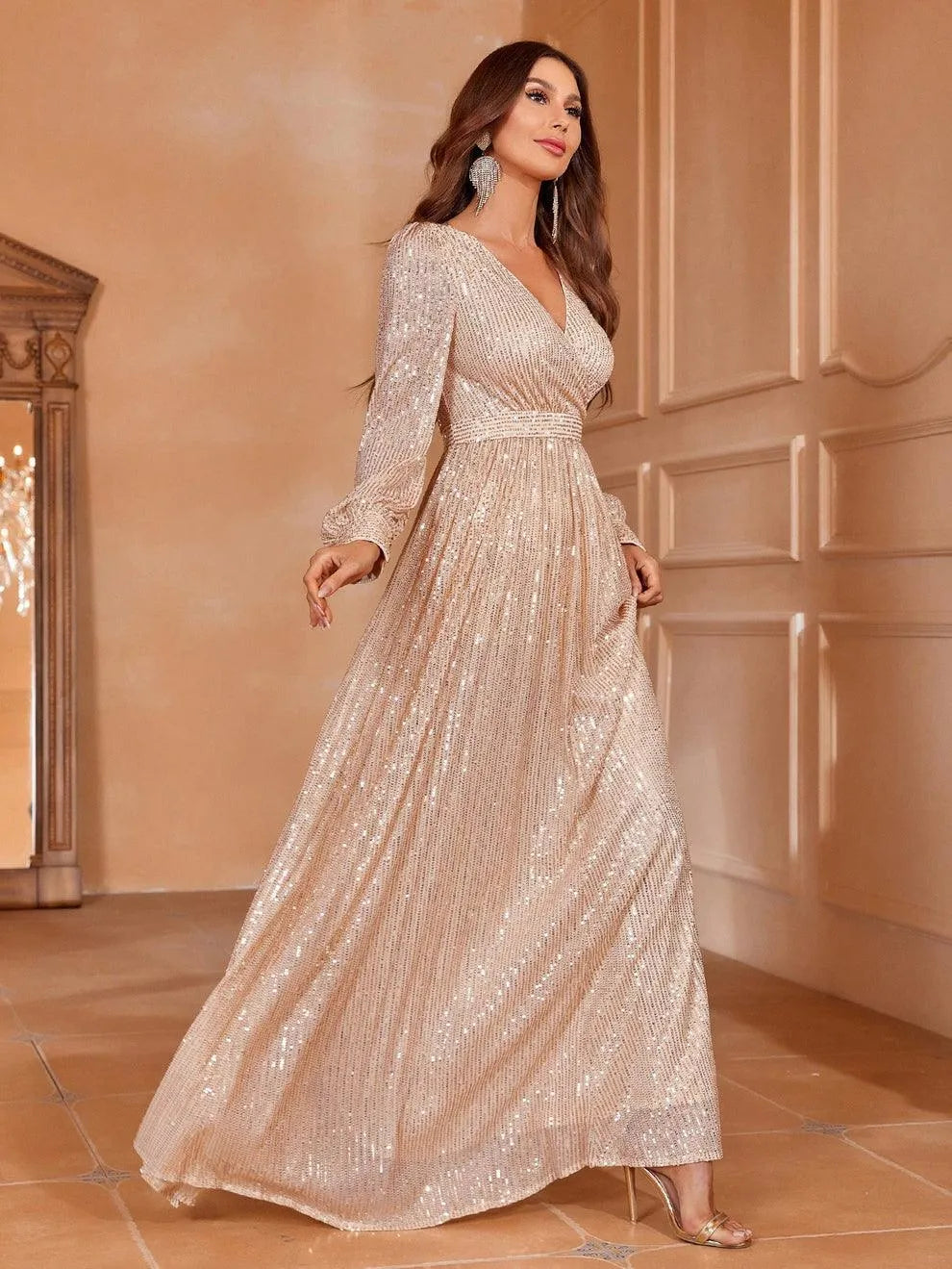 Elegant V Neck Long Sleeves Sequin A Line Dresses - Elonnashop