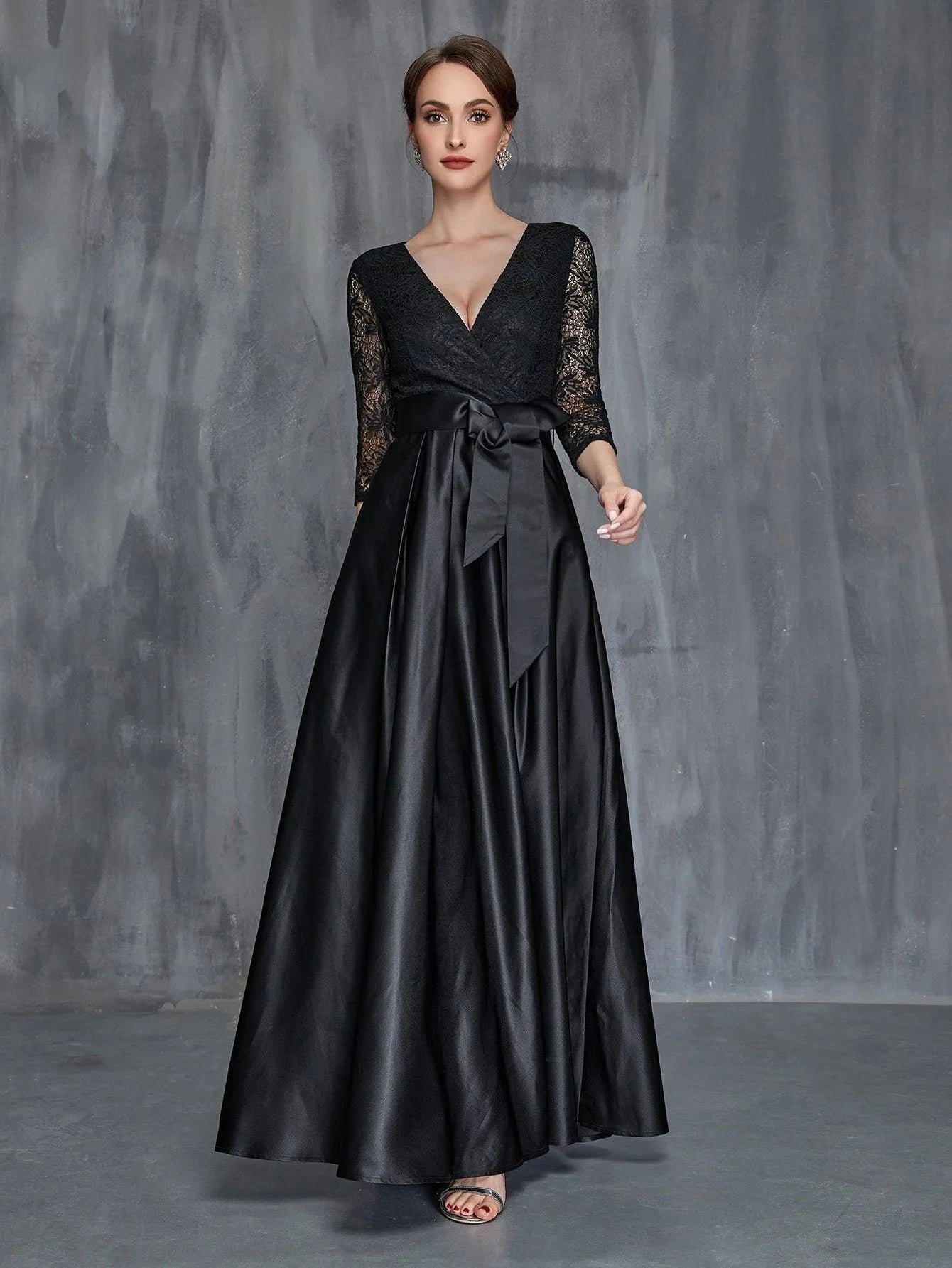 Womens' Surplice Neck Lace Contrast Satin Belted Dress Black / L Womens' Surplice Neck Lace Contrast Satin Belted Dress Black / L