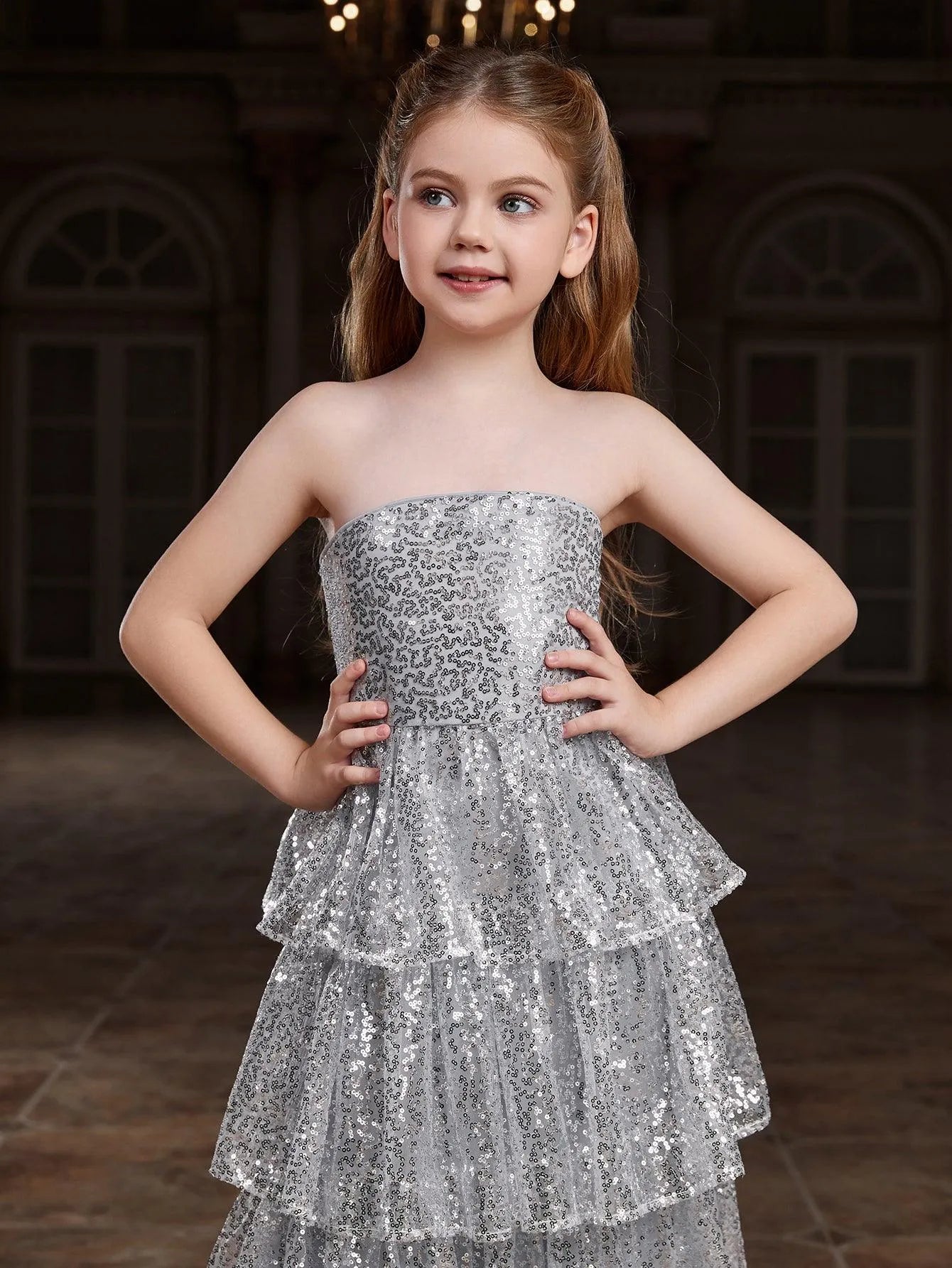 Tween Girls Layered Hem Sequin Tube Party Dress Silver 12Y