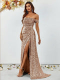 Off Shoulder Ruched Draped Side Sequin Party Dress - Elonnashop