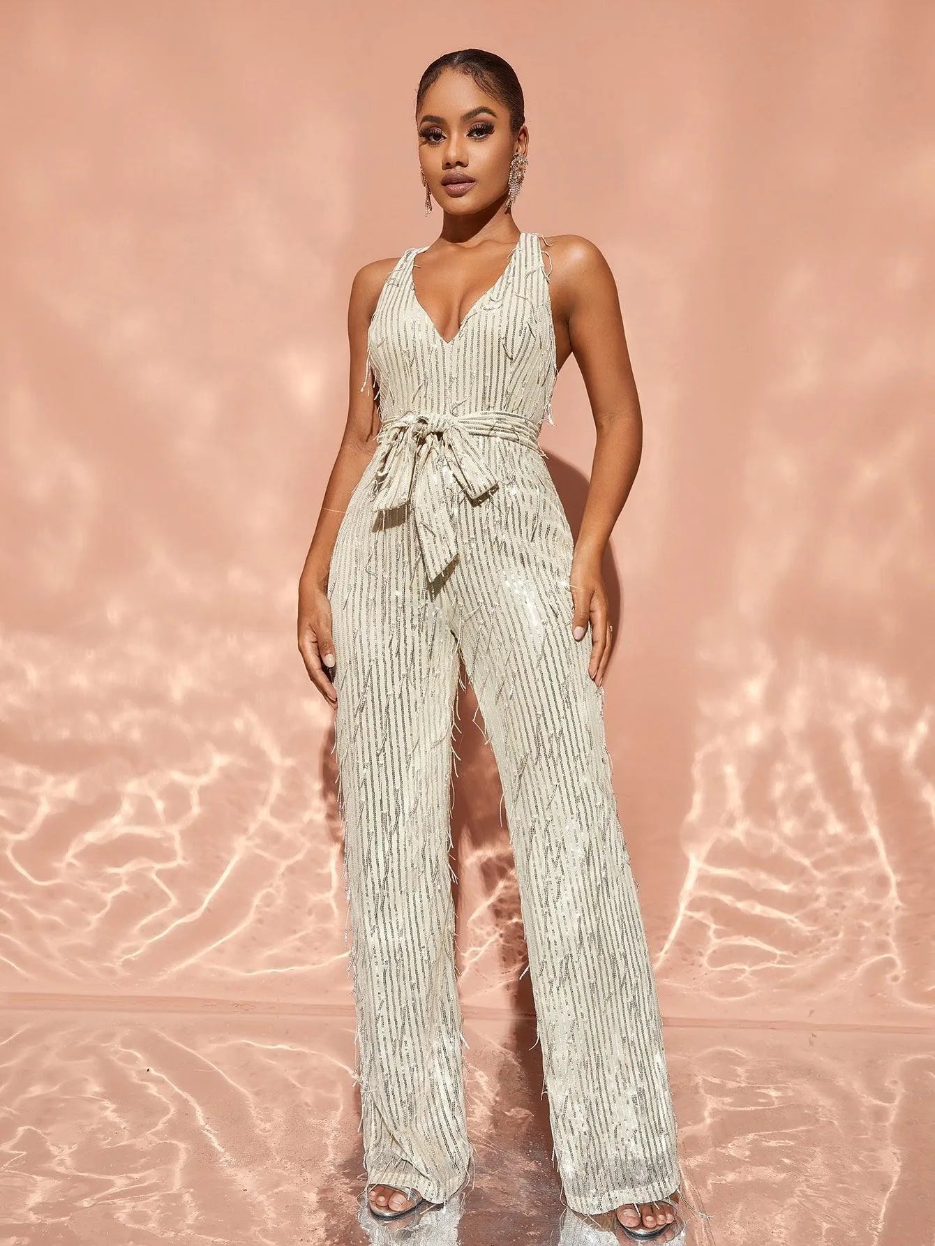 Chic Halter Neck Backless Sequin Belted Jumpsuit - Elonnashop