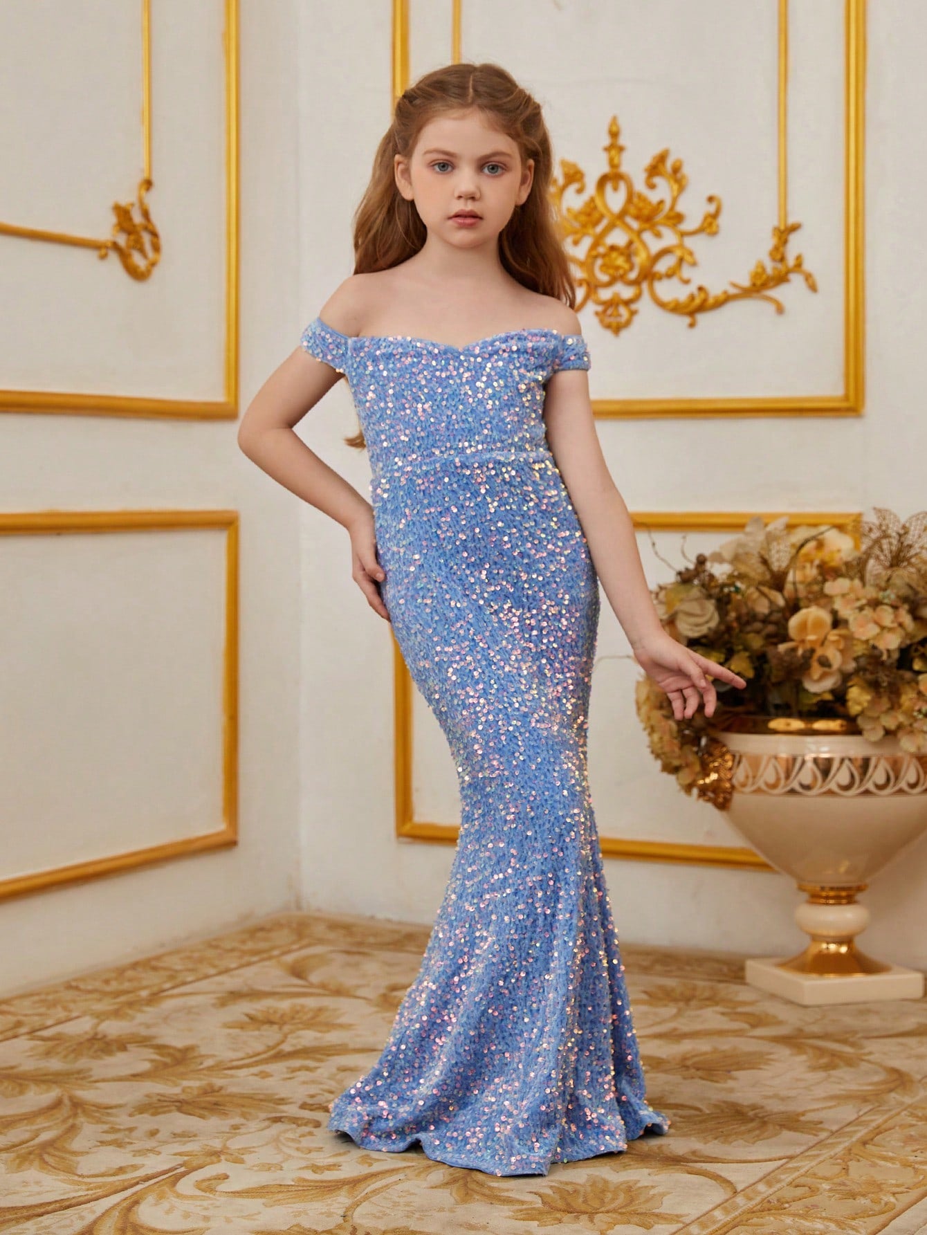 Tween Girls' Shiny Off Shoulder Split Mermaid Hem Sequin Party Dress