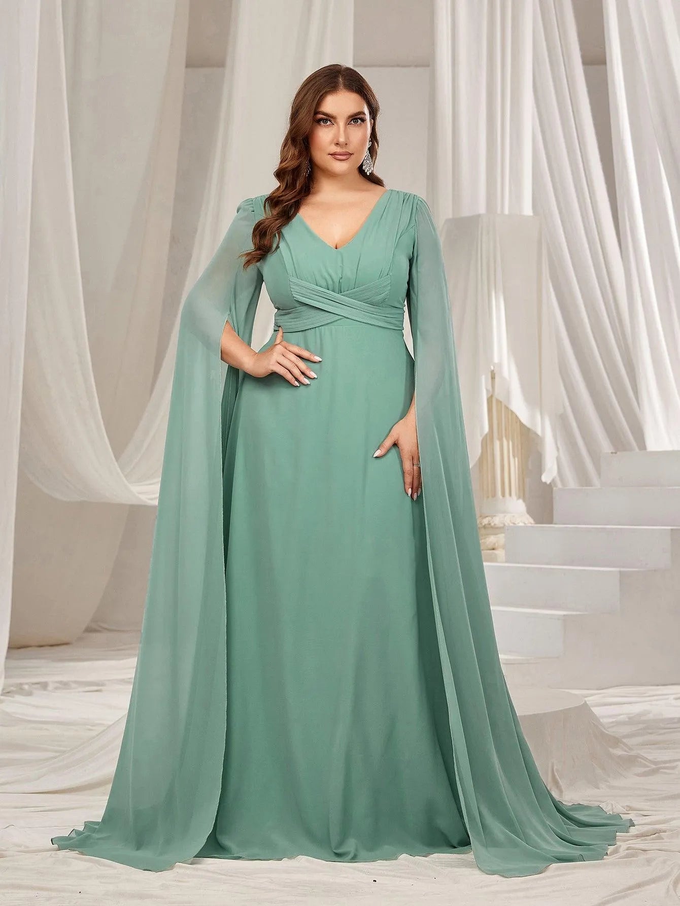 Plus Solid Ruched Front Extra-Long Sleeves Chiffon Prom Dress - Elonnashop