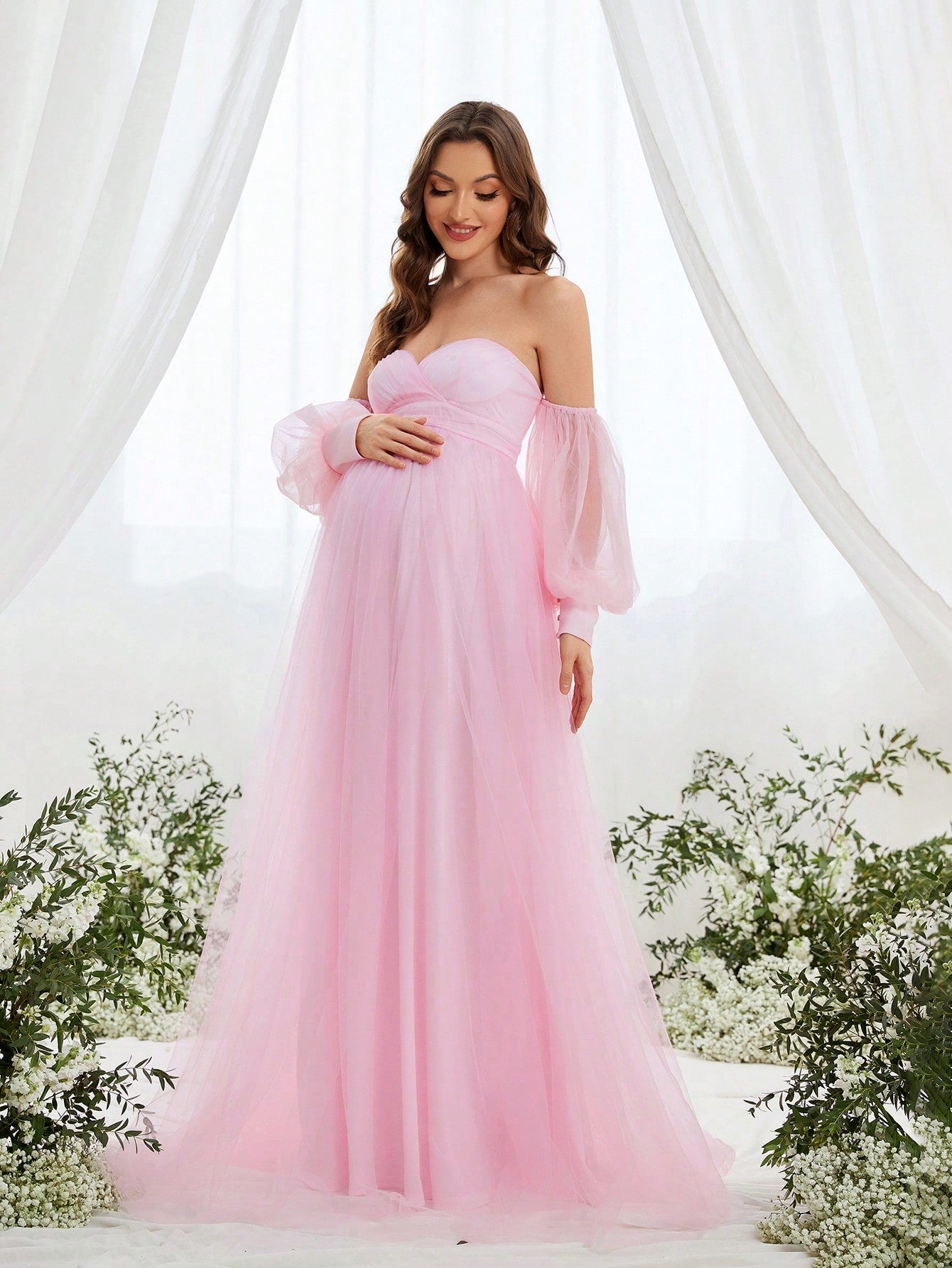 Maternity Off-Shoulder Evening Gown with Puff Sleeves Flowy Tulle D Elonnashop Maternity Off-Shoulder Evening Gown with Puff Sleeves Flowy Tulle D Elonnashop