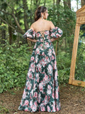 Floral Jacquard Off Shoulder Puff Sleeves Prom Dress - Elonnashop