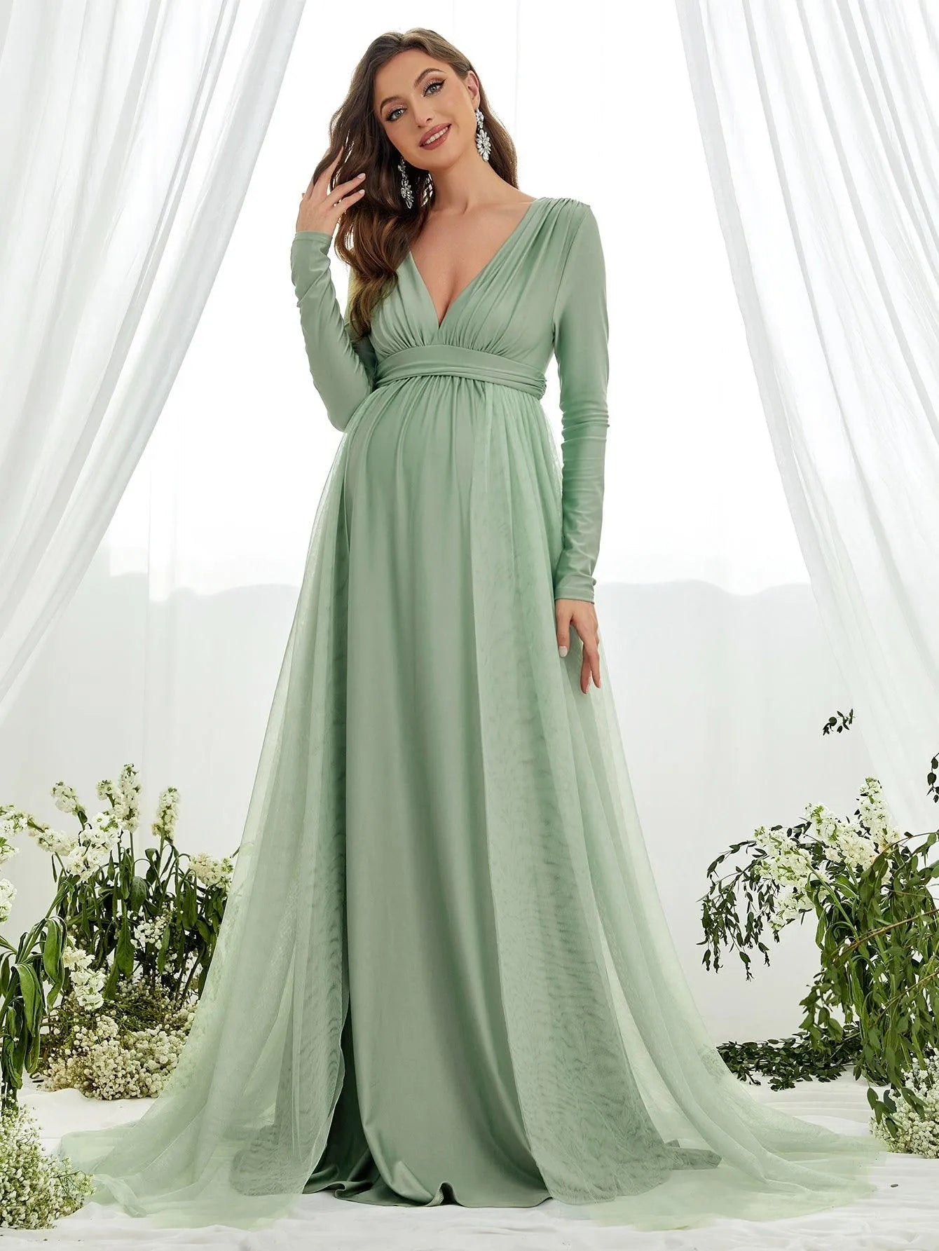 Maternity Plunging Neck Long Sleeve Contrast Mesh Formal Dress Green / S Maternity Plunging Neck Long Sleeve Contrast Mesh Formal Dress Green / S