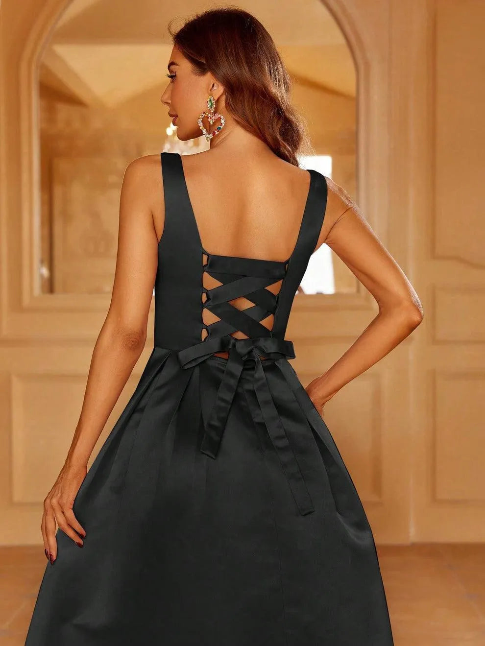 Square Neck Back Lace Up Satin A Line Dresses - Elonnashop