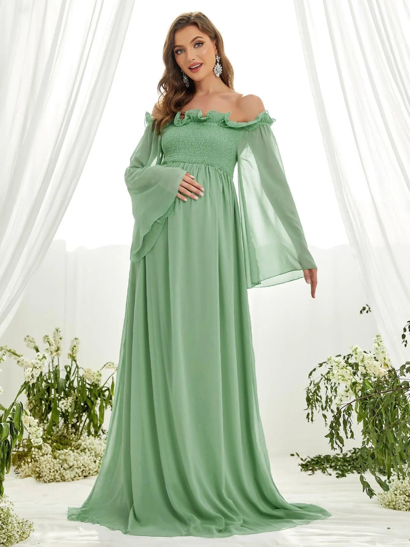 Maternity Off Shoulder Ruffle Trim Shirred Chiffon Dress - Elonnashop