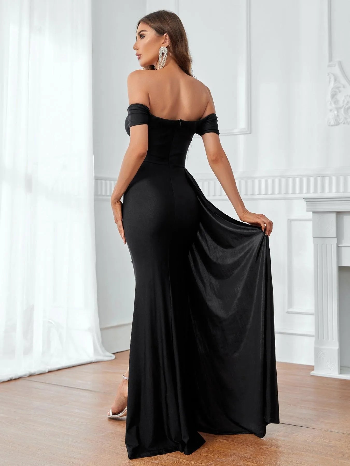 Off Shoulder Short Sleeve Draped Side Slit Party Dress - Elonnashop