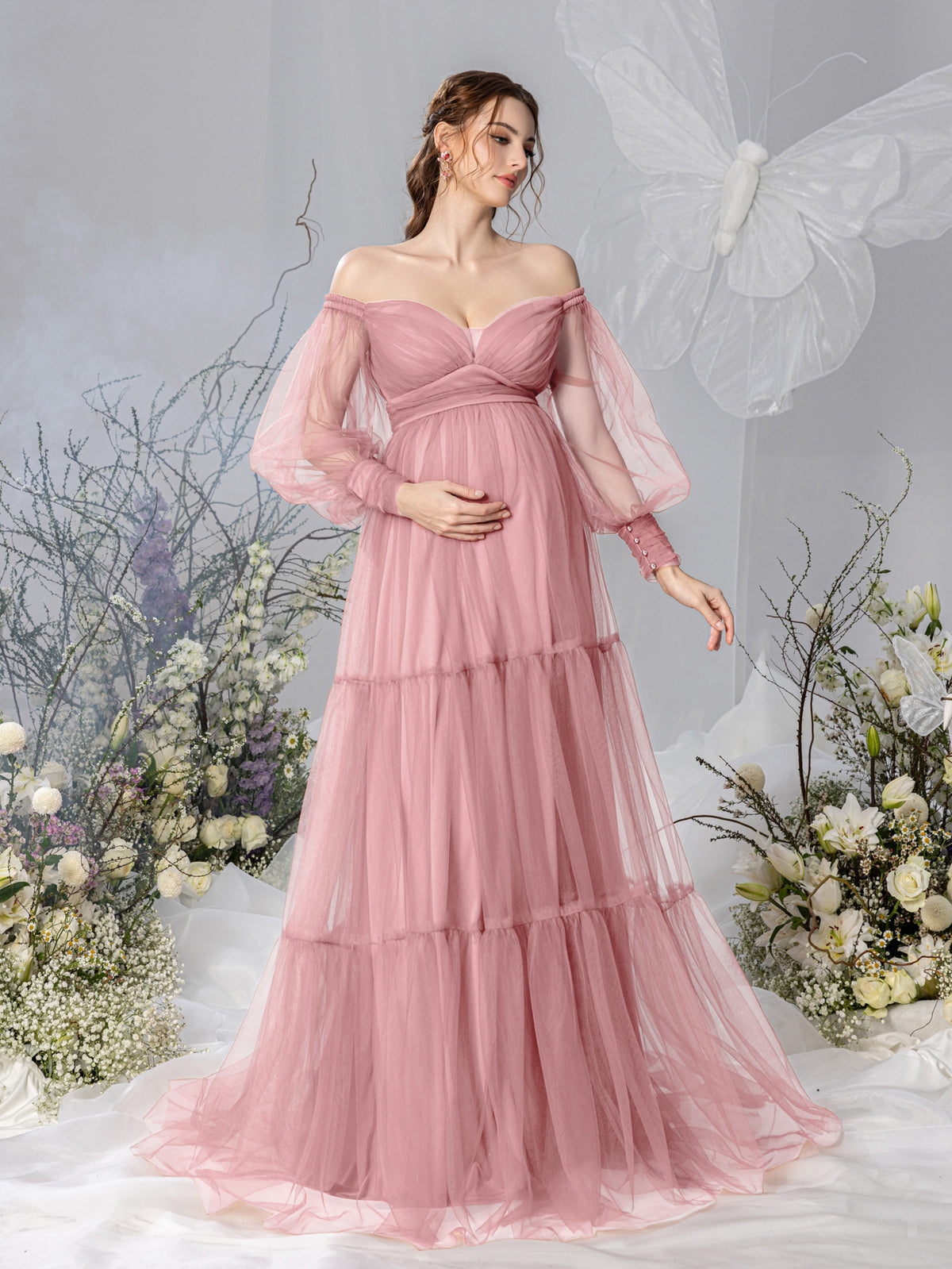 Maternity Off Shoulder Bishop Sleeves Layered Tulle Photography Dress