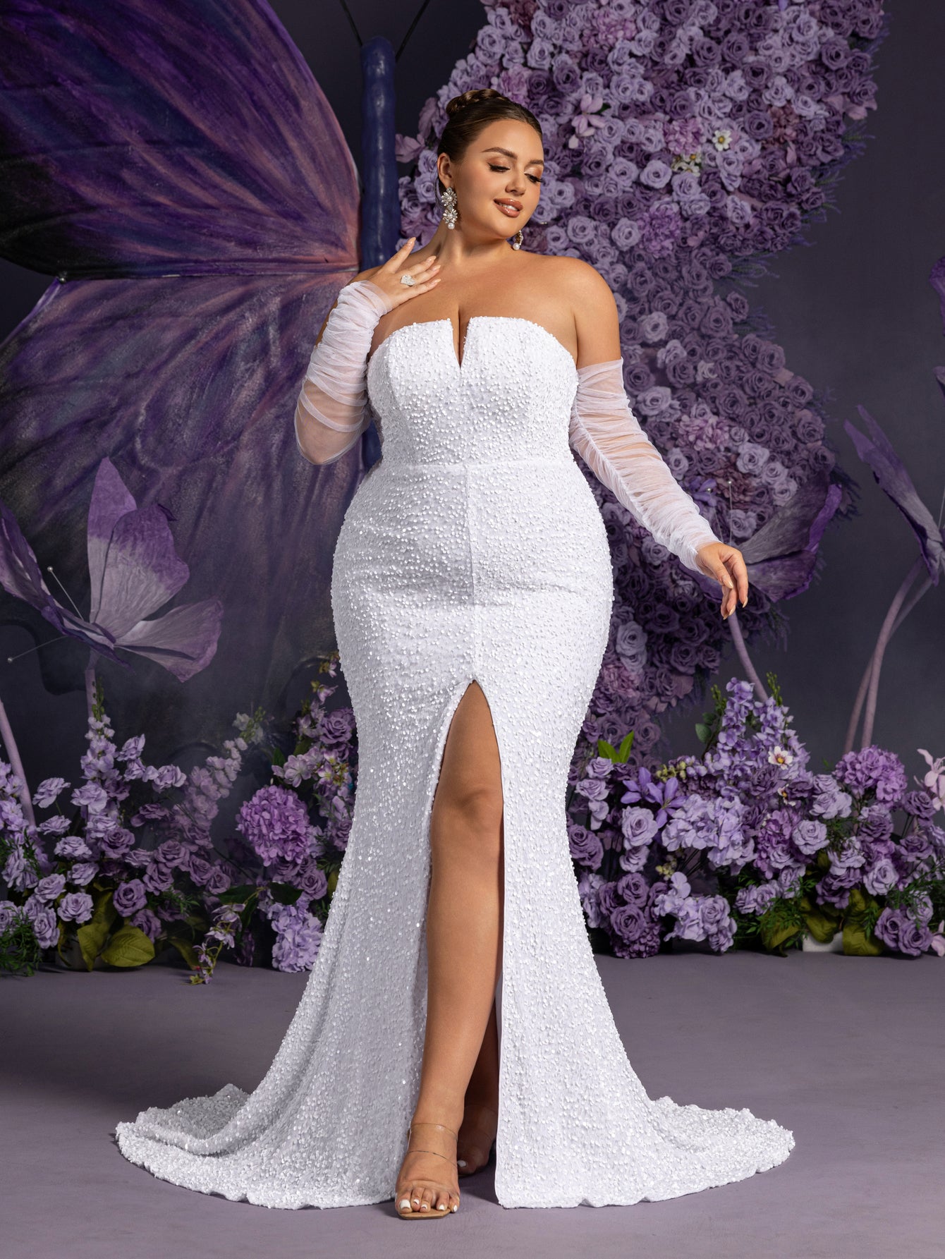 Plus Sheer Sleeves Split Mermaid Hem Sequin Tube Wedding Dress