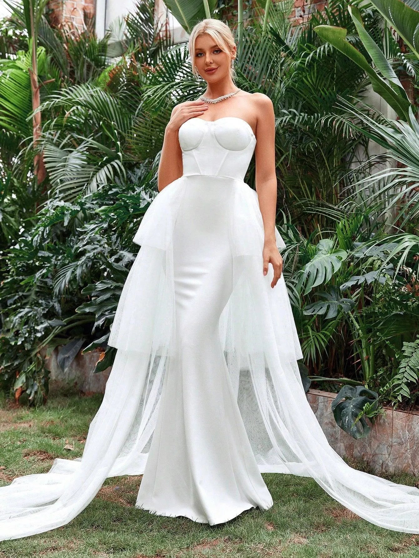 Mesh Overlay Mermaid Hem Tube Wedding Dresses - Elonnashop