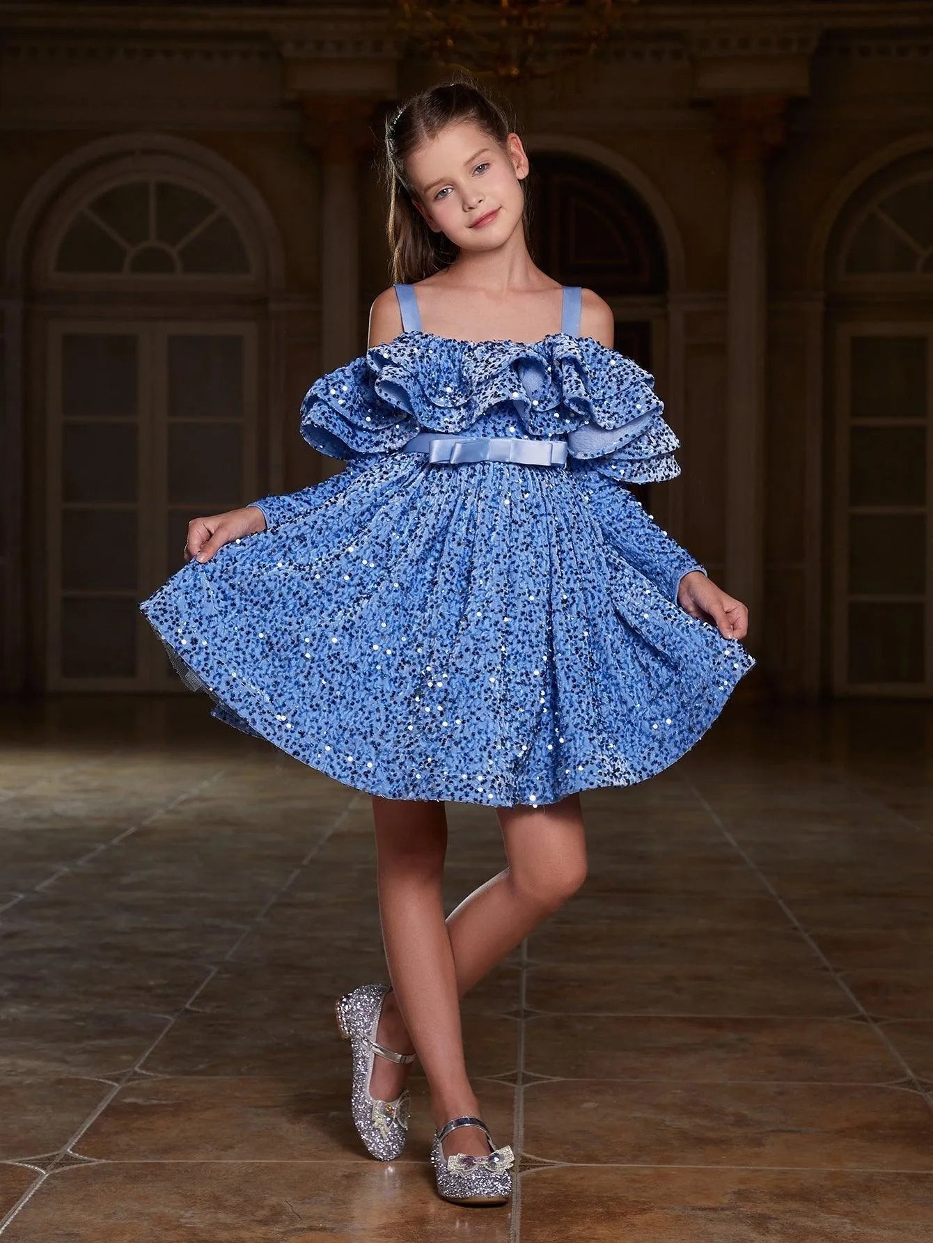 Tween Girls' Off Shoulder Layered Ruffle Trim Sequin Party Dress - Elonnashop