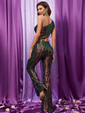 One Shoulder Cut Out Waist Sequin Party Jumpsuit - Elonnashop