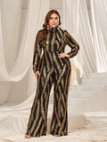 Plus Mock Neck Long Sleeves Graphic Sequin Jumpsuit - Elonnashop