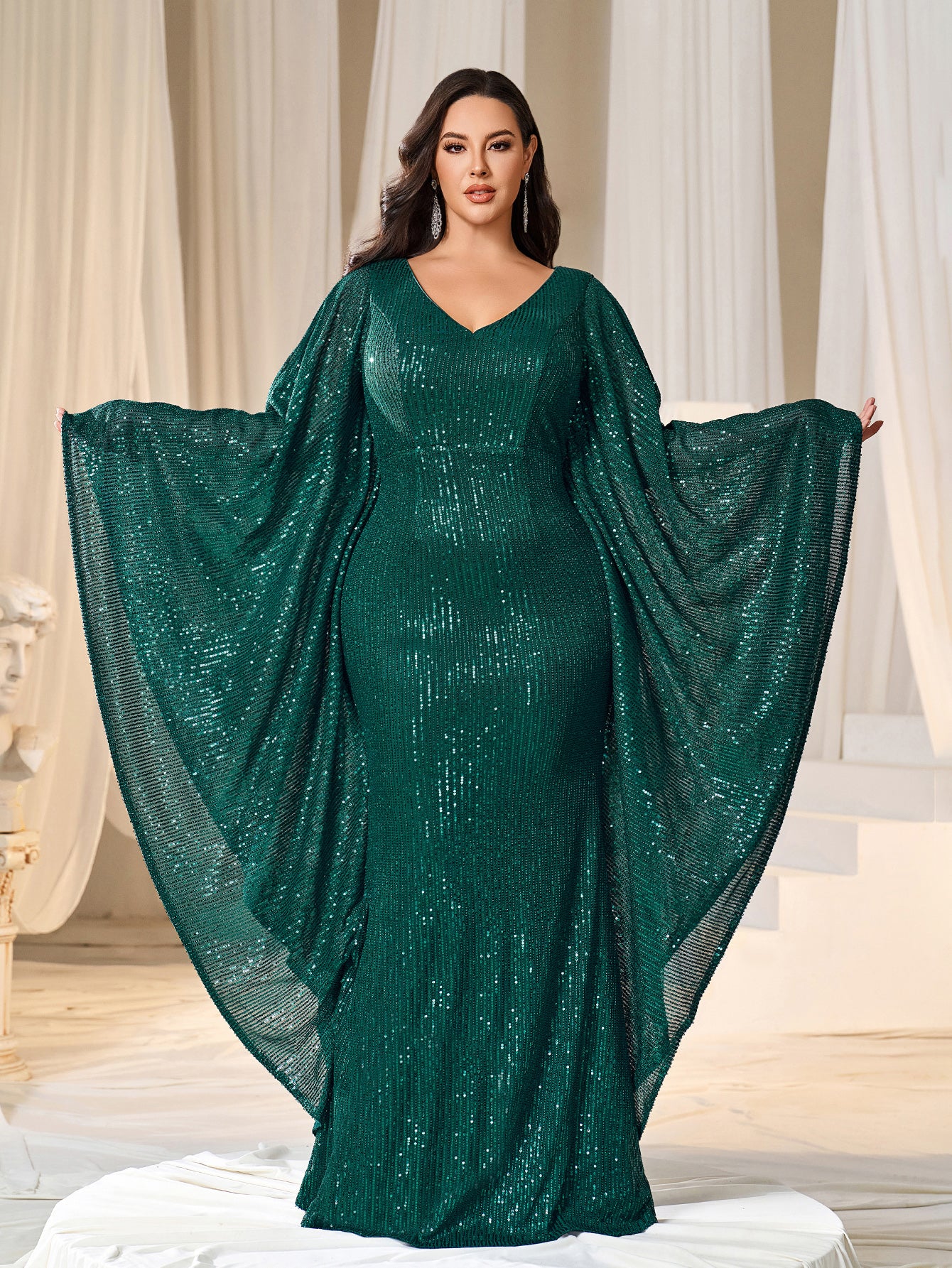 Plus Plunging Neck Batwing Sleeves Mermaid Hem Sequin Formal Party Dress