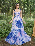 Elegant Floral Organza Sleeveless Tie Shoulder Evening Dress - Elonnashop