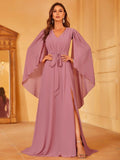 Solid Flounce Sleeve Chiffon Bridesmaid dress - Elonnashop