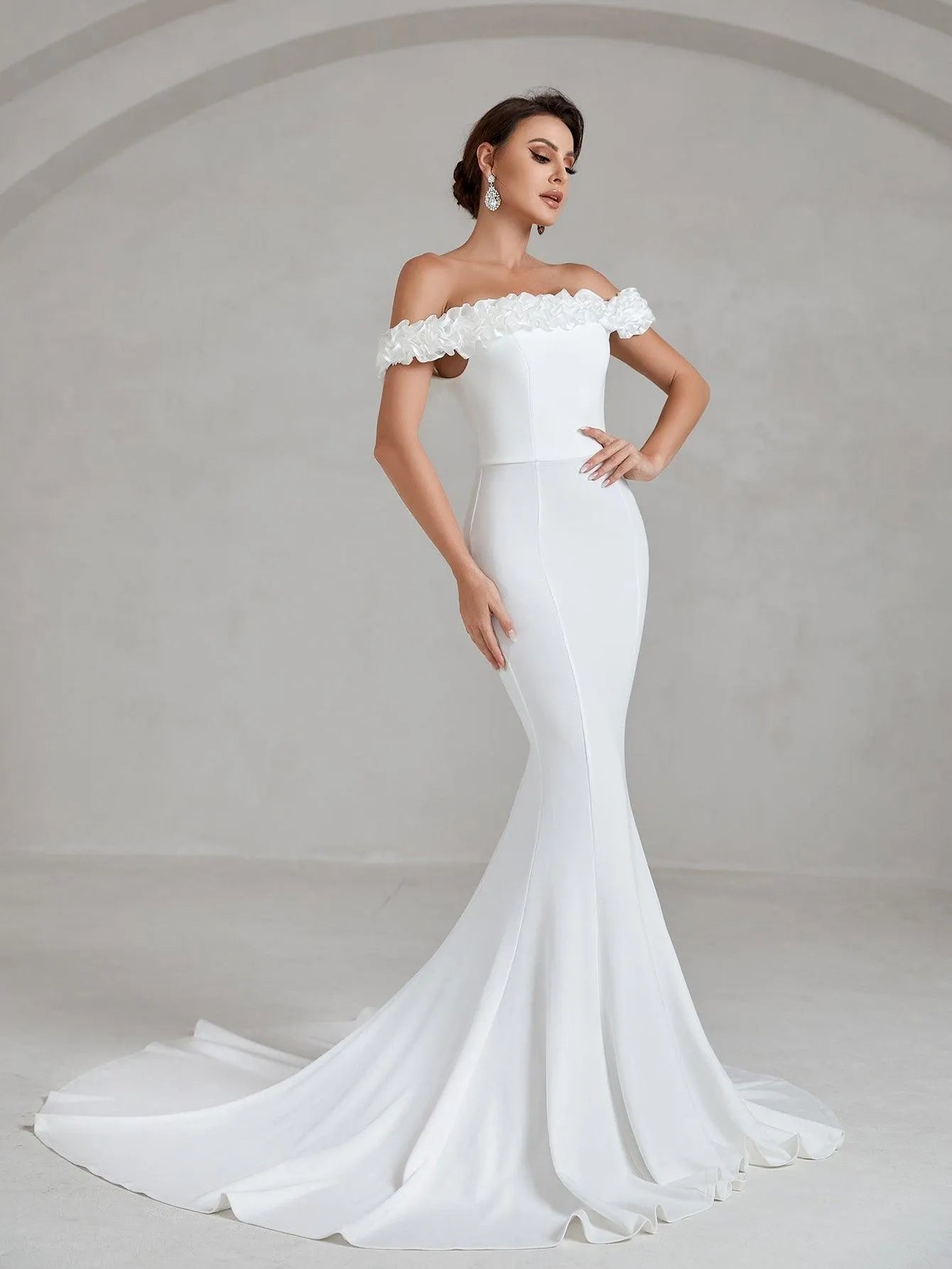 Ruffle Trim Off Shoulder Mermaid Hem Wedding Dress - Elonnashop