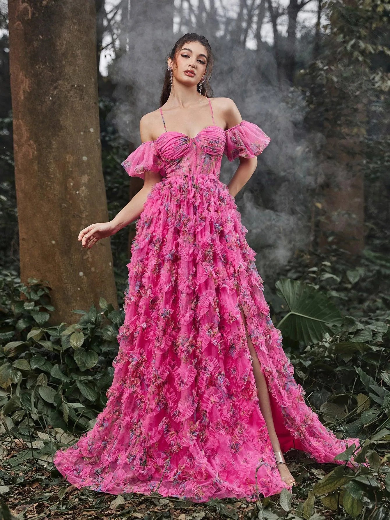 Floral Tulle Off Shoulder Puff Sleeves Slip Prom Dress - Elonnashop