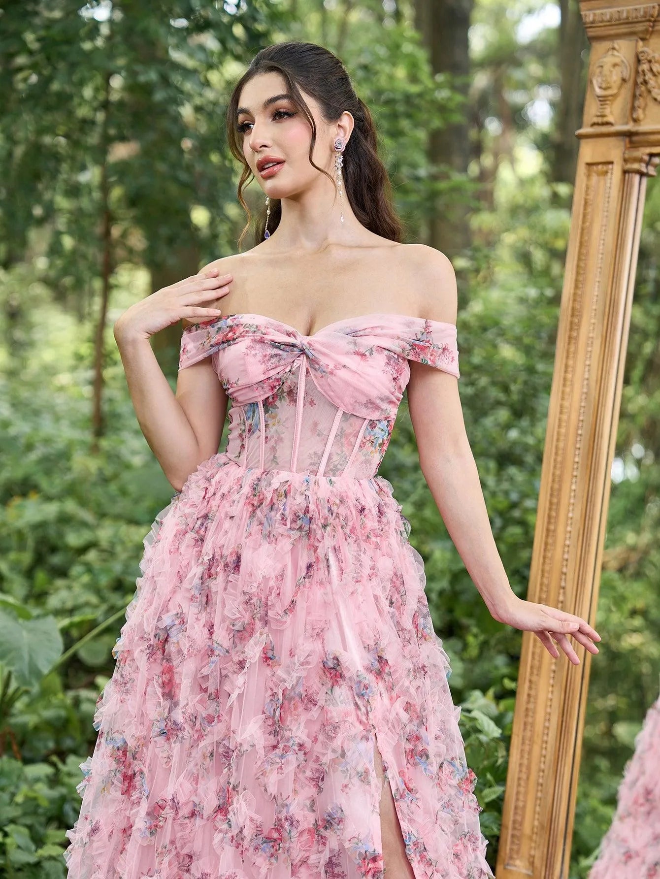 Elegant Off Shoulder Cascading Ruffle Floral Tulle Split Prom Dress - Elonnashop