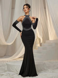 Elegant Rhinestone Detail Halter Neck Mermaid Hem Evening Dress