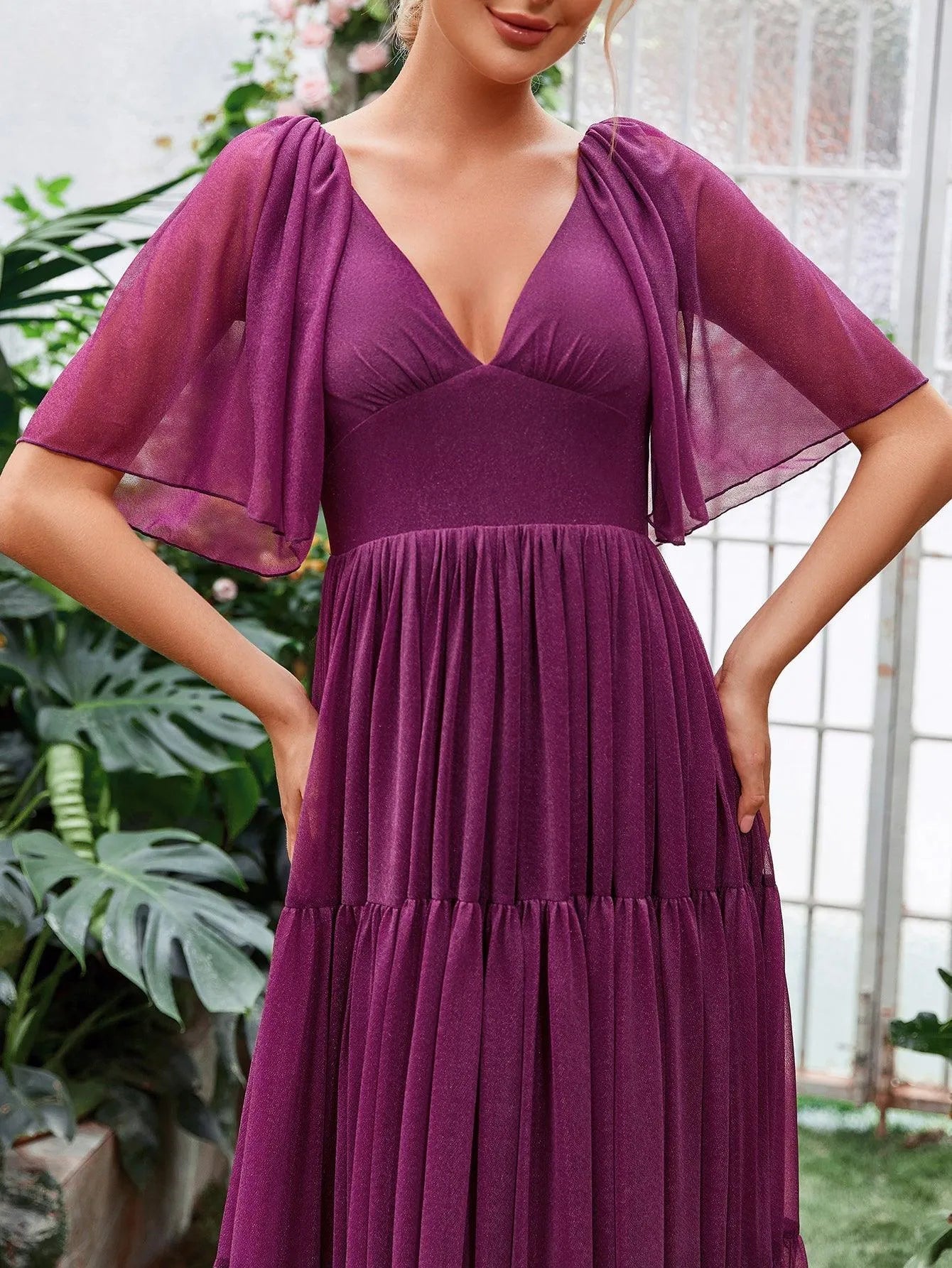 Solid Plunging Neck Butterfly Sleeves Dress - Elonnashop