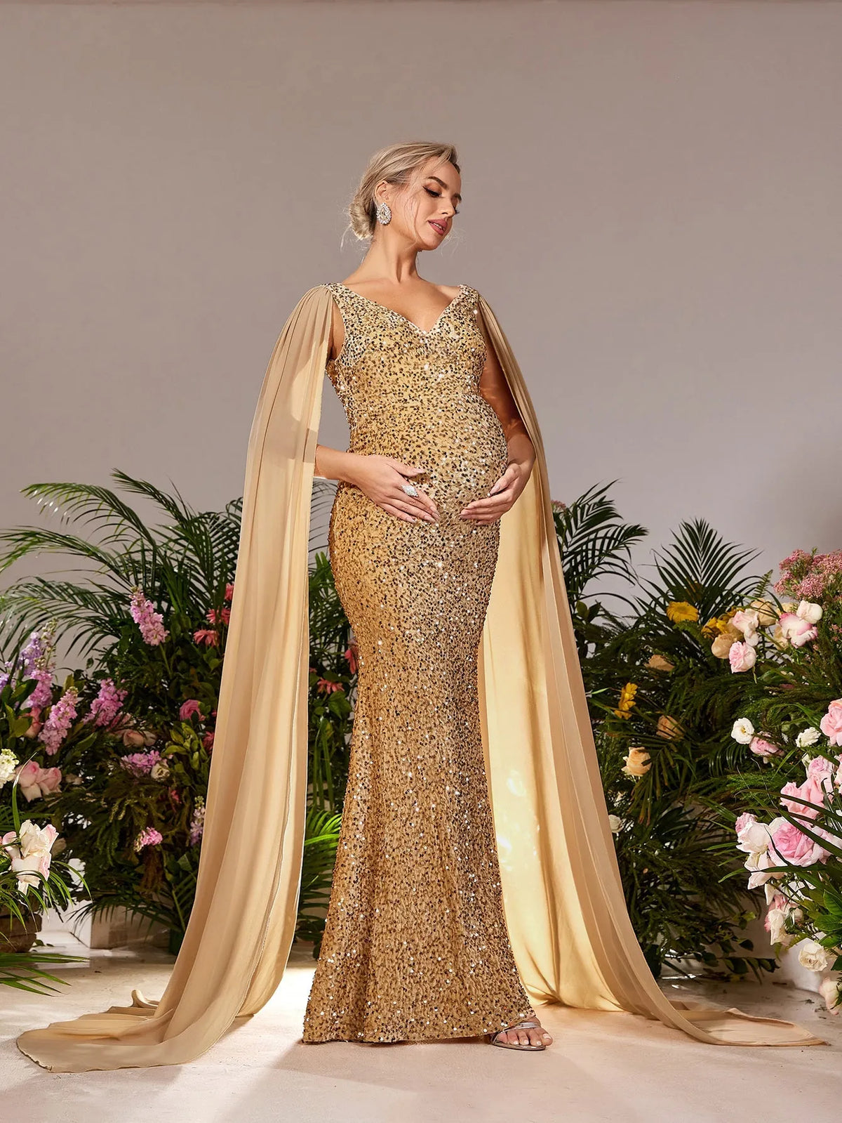 Maternity Plunging Neck Cape Sleeves Mermaid Hem Sequin Evening Dress