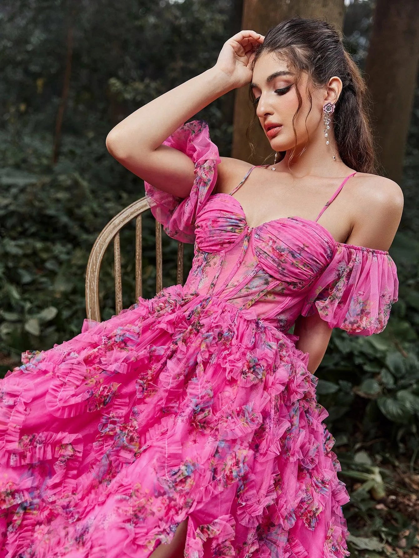 Floral Tulle Off Shoulder Puff Sleeves Slip Prom Dress - Elonnashop