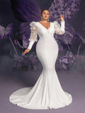 Plus Backless Applique Bishop Sleeves Mermaid Hem Evening Dress Wedding Dress