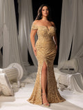 Plus Off Shoulder Split Thigh Mermaid Hem Sequin Formal Evening Dress