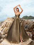 Metallic Ruched Bodice Pleated Hem Formal Party Tube Dress