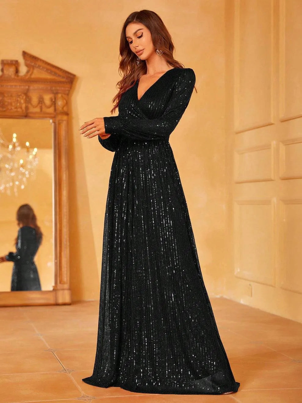 Elegant V Neck Long Sleeves Sequin A Line Dresses - Elonnashop