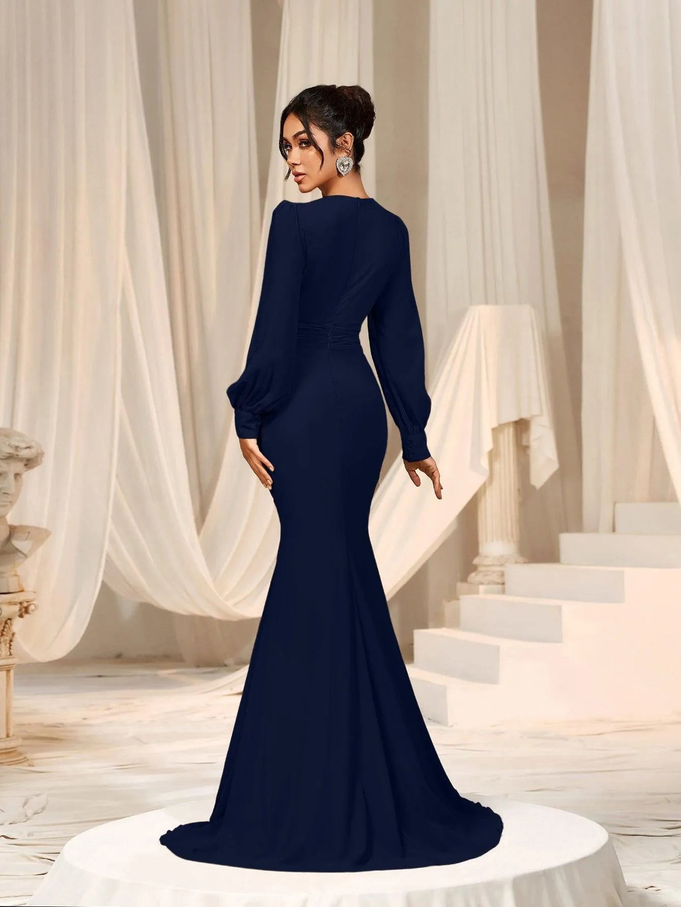 Surplice Neck Lantern Sleeve Chiffon Mermaid Dress Royal Blue / XS Surplice Neck Lantern Sleeve Chiffon Mermaid Dress Royal Blue / XS