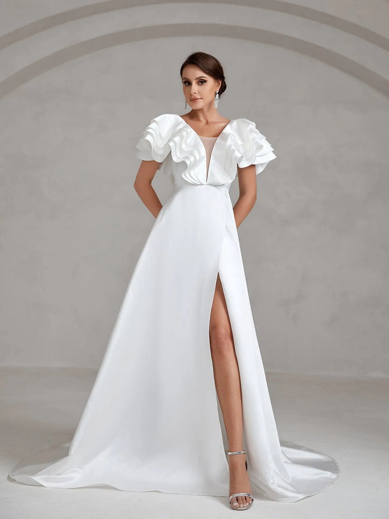 Backless Ruffle Layered Sleeve Satin Wedding Dress - Elonnashop