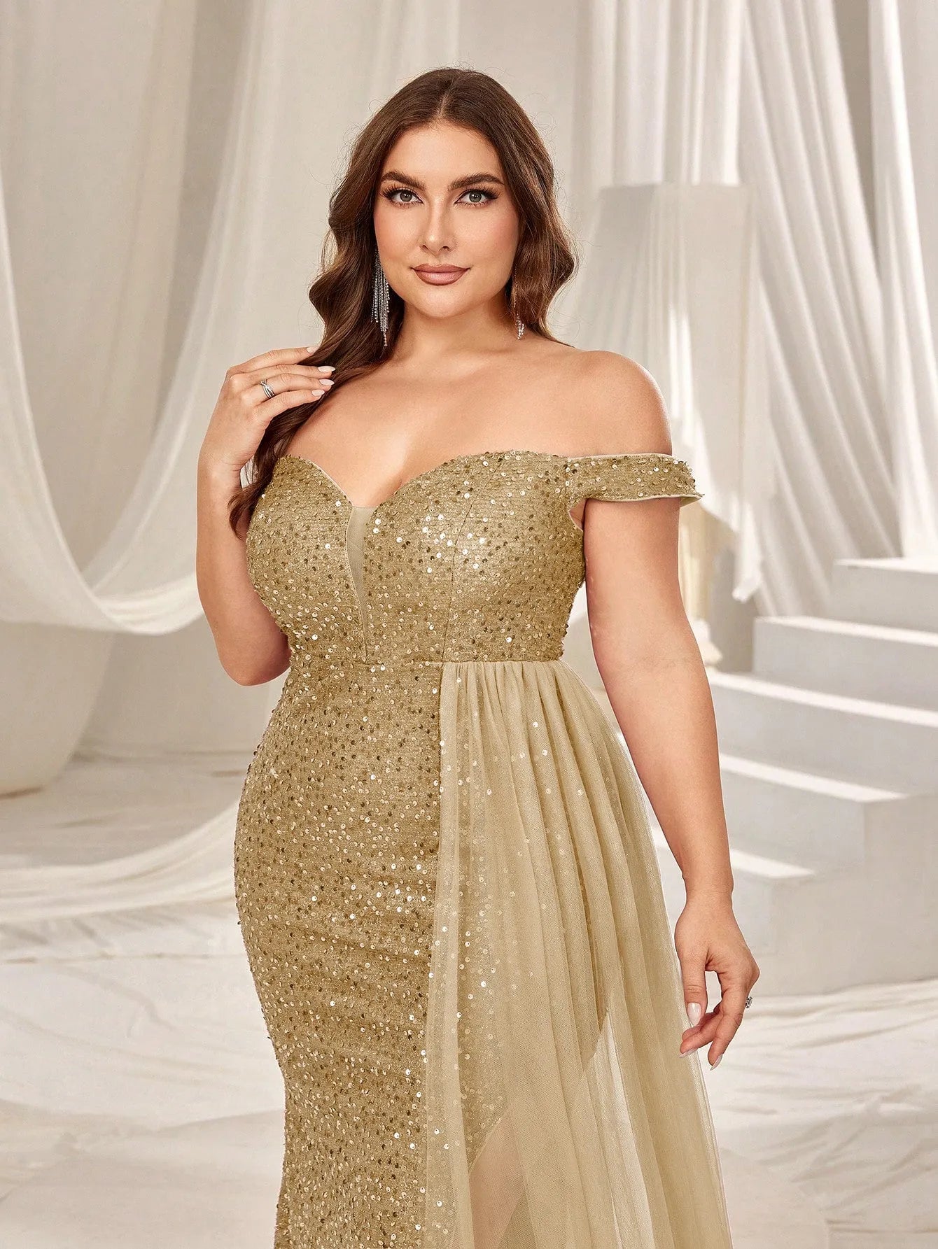 Plus Elegant Off Shoulder Split Thigh Sequin Formal Dress