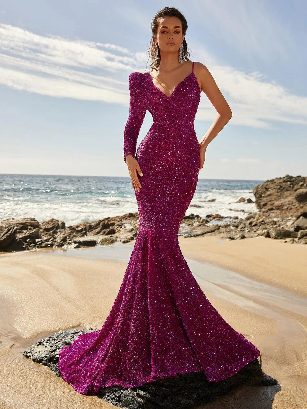 Asymmetrical Neck Mermaid Hem Sequin Prom Dresses - Elonnashop