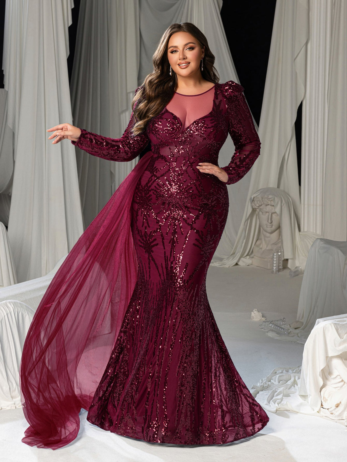 Gorgeous Graphic Sequin Sheer Overlay Mermaid Hem Evening Dress