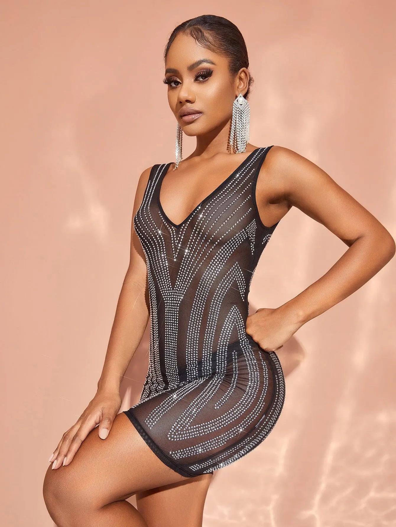 Chic Rhinestone Detail Plunging Neck Sheer Mesh Mini Dress – Elonnashop