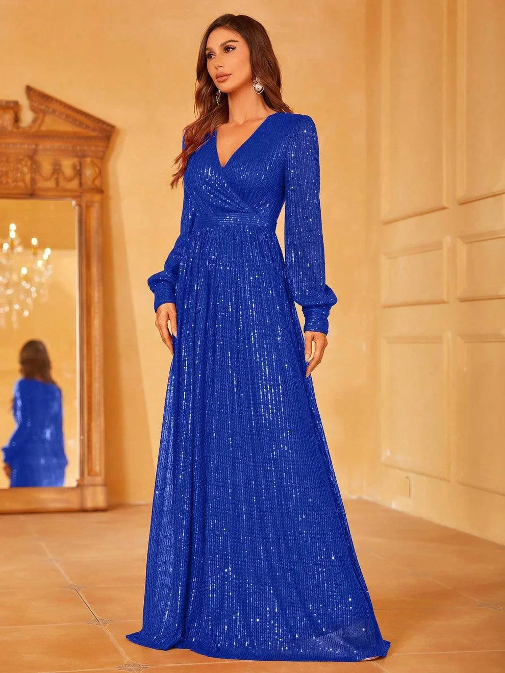 Elegant V Neck Long Sleeves Sequin A Line Dresses Royal Blue / XL Elegant V Neck Long Sleeves Sequin A Line Dresses Royal Blue / XL
